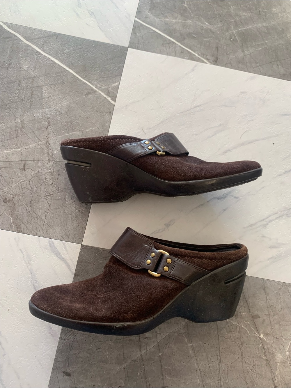 Cole Haan Dark Brown Suede Wedge Mules with Leather Strap